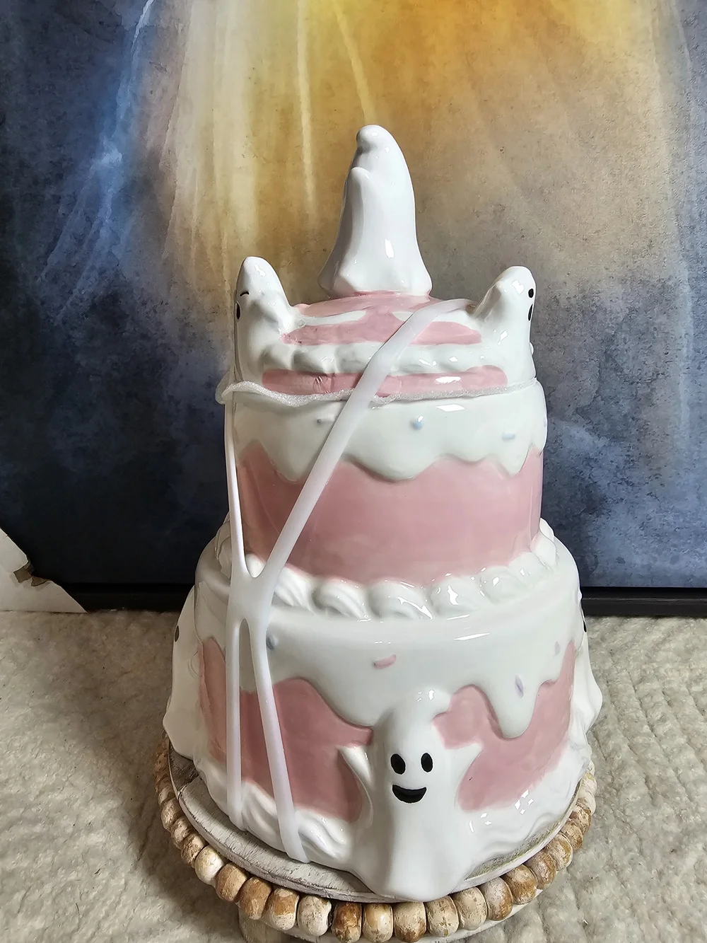 Ghost Tiered Cake Ceramic Treat Jar - Pink and White Halloween